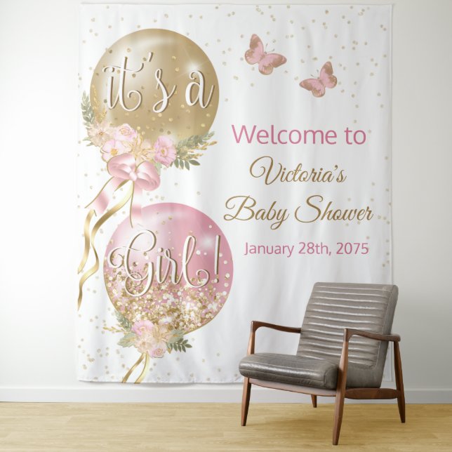 Tenture Fond de toile de fond XL pour Baby Shower Fille Ba (En situation)
