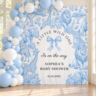 Tenture Fond de toile de Jouy bleue pour Baby Shower Safar