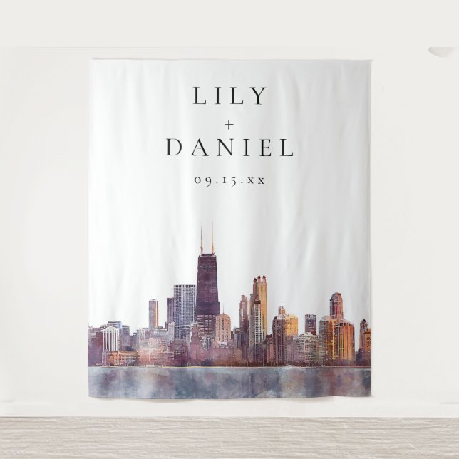 Tenture Fond de toile de mariage avec vue sur Chicago (Devant)