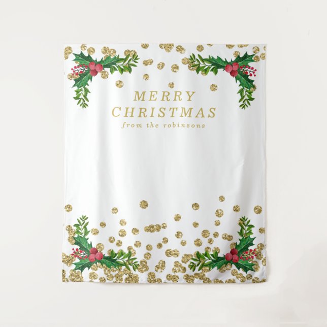 Tenture Fond doré rouge Joyeux Noël avec paillettes de hou (Devant)