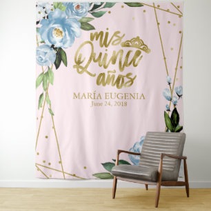 Tenture Fond floral rose bleu en feuille d'or pour Quincea