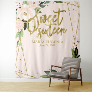 Tenture Fond floral rose en papier doré pour Sweet 16