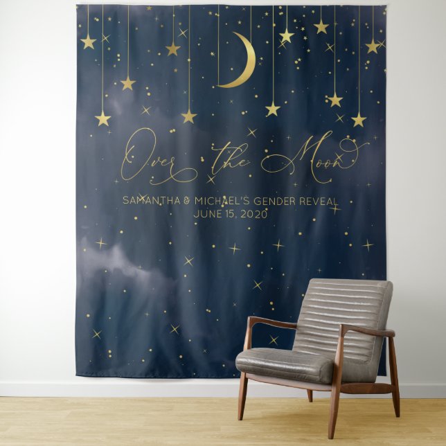 Tenture Fond 'Over the Moon', Fond pour Baby Shower, Bleu  (En situation)