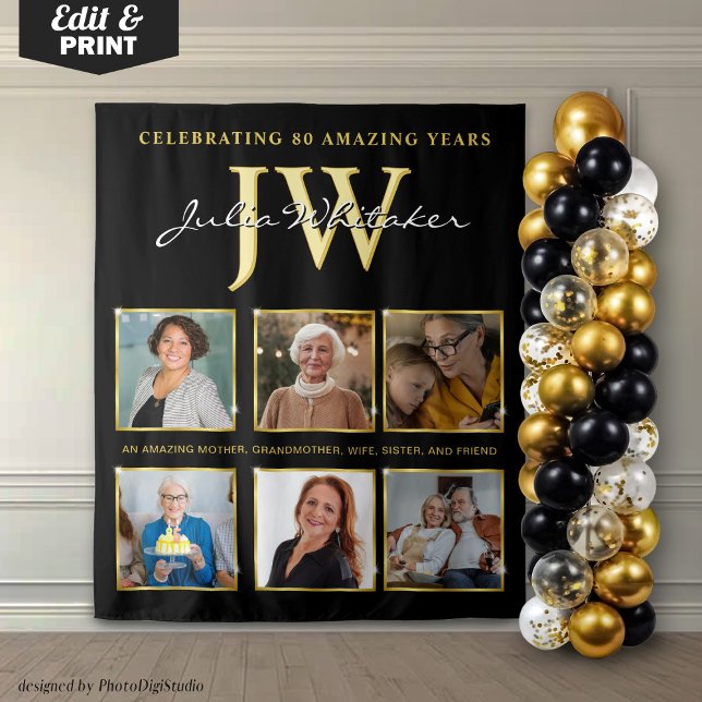 Tenture Fond personnalisé pour anniversaire avec photo et  (Custom 80th Birthday Backdrop, Birthday Party Decor Gold, Personalized Initials and Photo Tapestry)