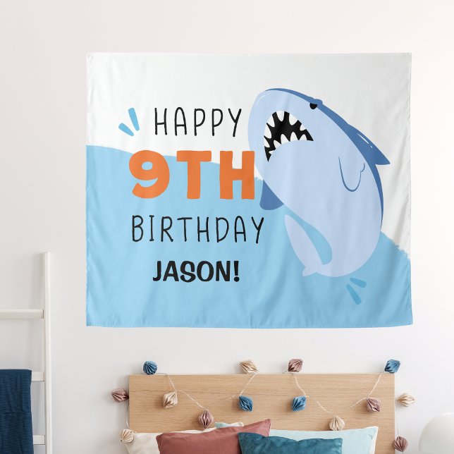 Tenture Fond personnalisé pour les 9 ans sur le thème des  (Shark Custom Kids 9th Birthday Backdrop
)