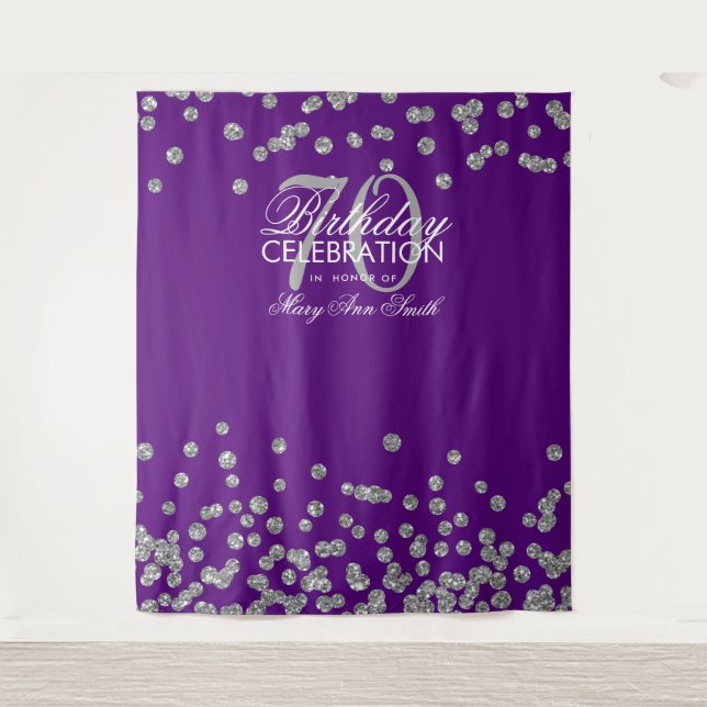Tenture Fond pour 70e anniversaire confettis argent violet (Devant)