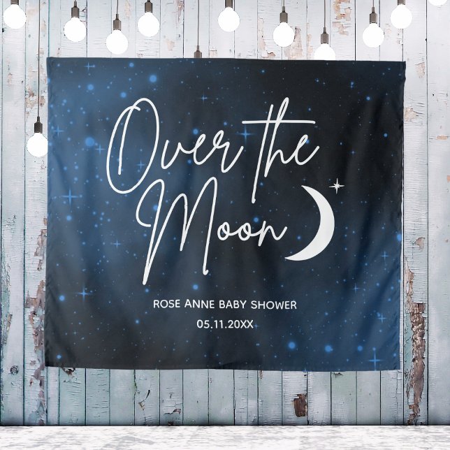Tenture Fond pour fête « Over The Moon » avec nom et date  (Over The Moon Backdrop Name Date Baby Shower
)