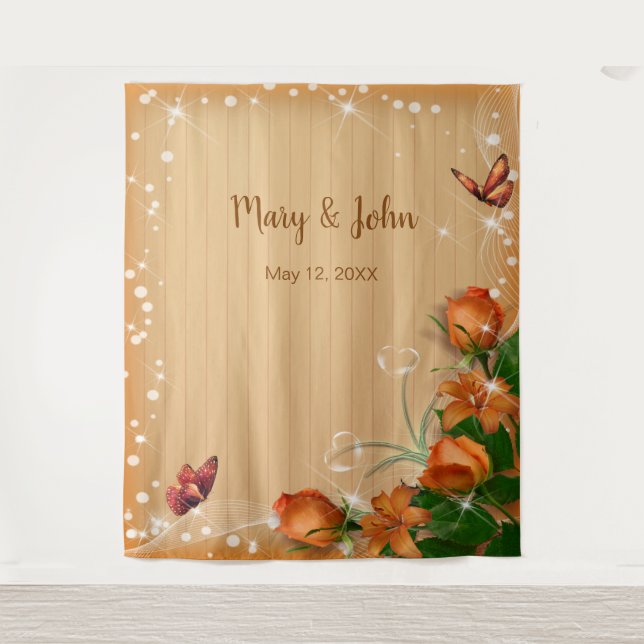Tenture Fond rustique en bois avec papillon floral orange (Devant)