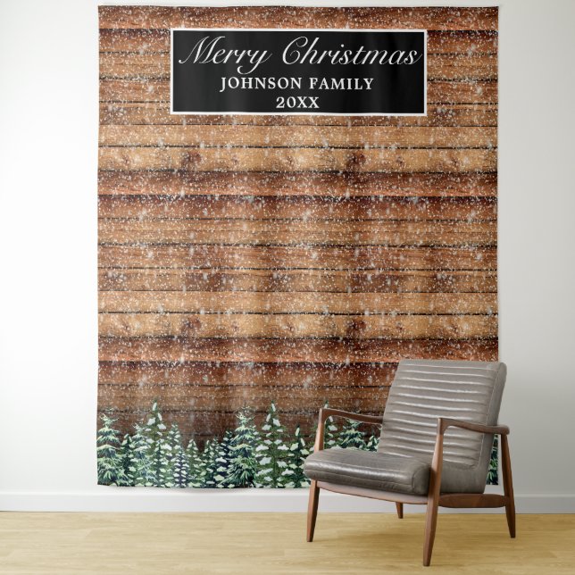 Tenture Forêt de bois neigeux Joyeux Noël Photo Arrière -  (En situation)