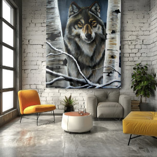 Tenture Forêt mystique de bouleaux alpha loup sauvage en h