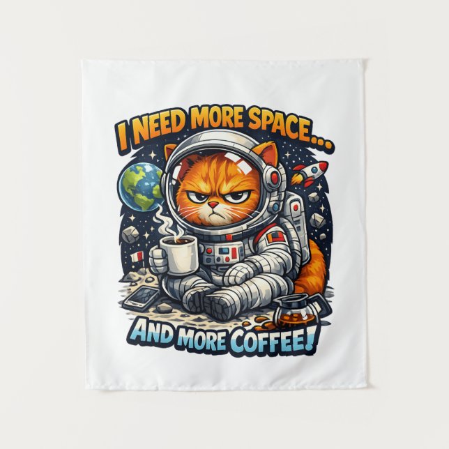 Tenture  Funny Grumpy Cat, Need More Space And More Coffee (Devant)