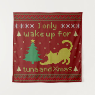 Tenture Funny Tuna Christmas Cat – Ugly Xmas Pixel Style