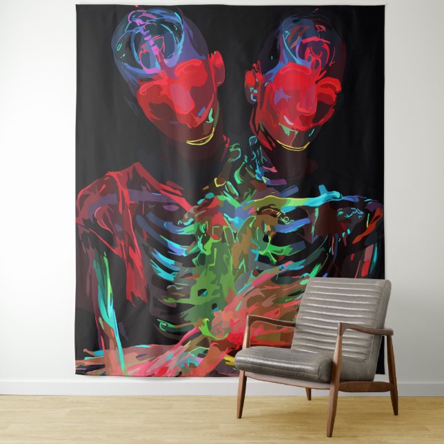 Tenture Fusion d'art avec embrassade de squelette néon (En situation)