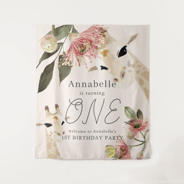 Tenture Giraffe Rose Floral Girl 1er anniversaire Bienvenu (Devant)