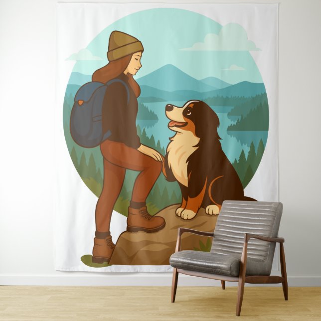 Tenture Girl and Mountain Dog Adventure Illustration (En situation)