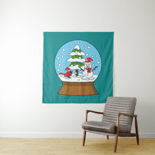Tenture Globe de neige avec le cardinal Snowman et Pine Tr