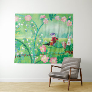 Tenture Gnome jardiner, Blackbird, Hérisson et lapin blanc