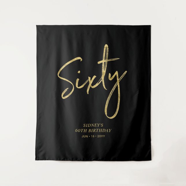 Tenture Gold & Black 60th Birthday Party Backdrop Tapestry (Devant)