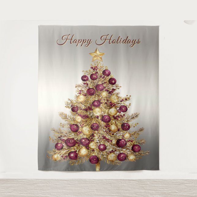 Tenture Gold Burgundy Christmas Tree Holiday Backdrop (Devant)