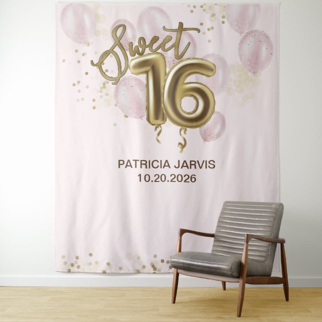 Tenture Gold Foil Sweet 16 Ballons Anniversaires Dos roses (En situation)