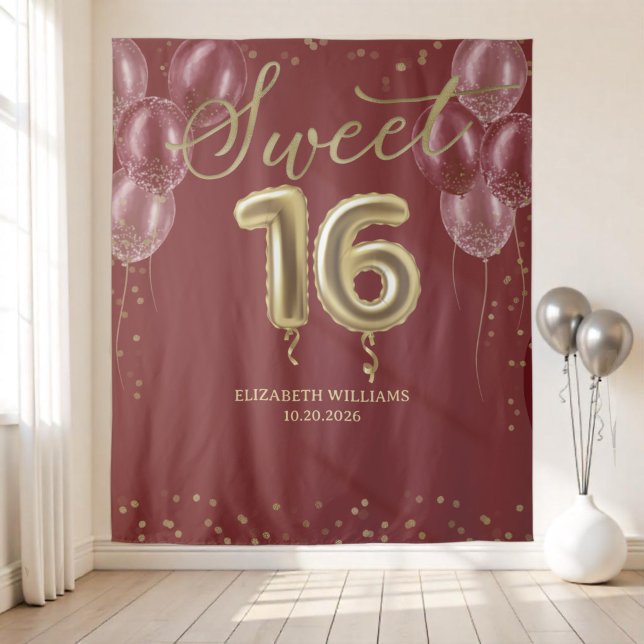 Tenture Gold Foil Sweet 16 Ballons Bourgogne fond (Créateur téléchargé)