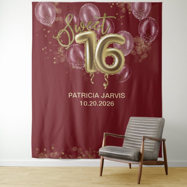 Tenture Gold Foil Sweet 16 Ballons Burgundy Backdrops (En situation)