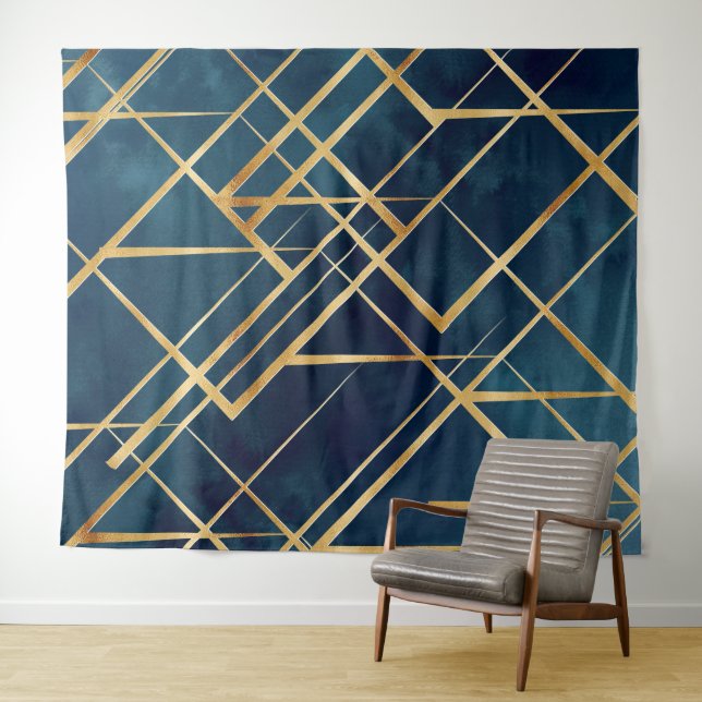 Tenture Gold Geometric Blue Design (En situation (horizontale))