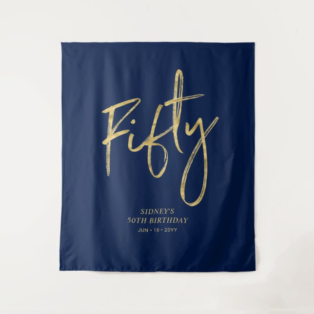 Tenture Gold & Navy Blue 50th Birthday Party Contexte (Devant)