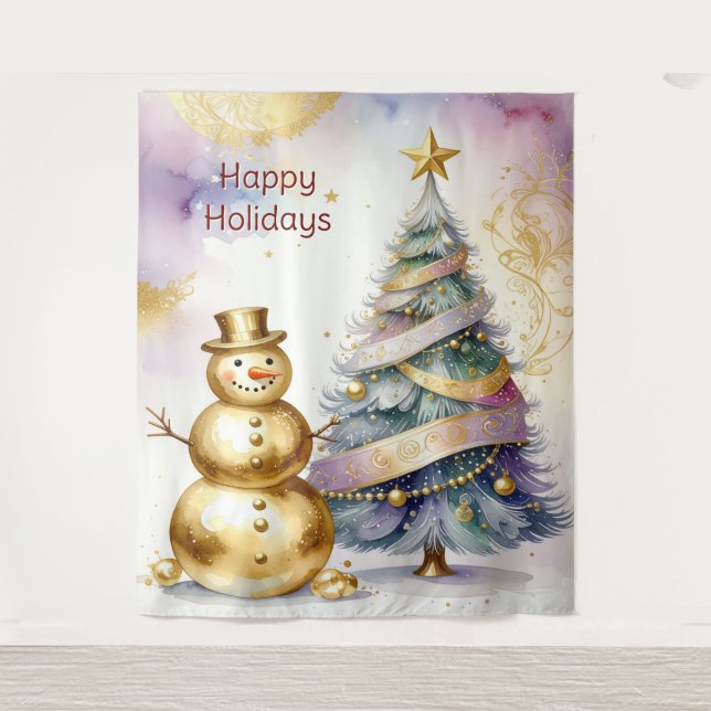 Tenture Gold Snowman Christmas Tree Holiday Backdrop (Devant)