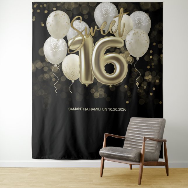 Tenture Gold Sweet 16 Anniversaires Balloons Party Black f (En situation)