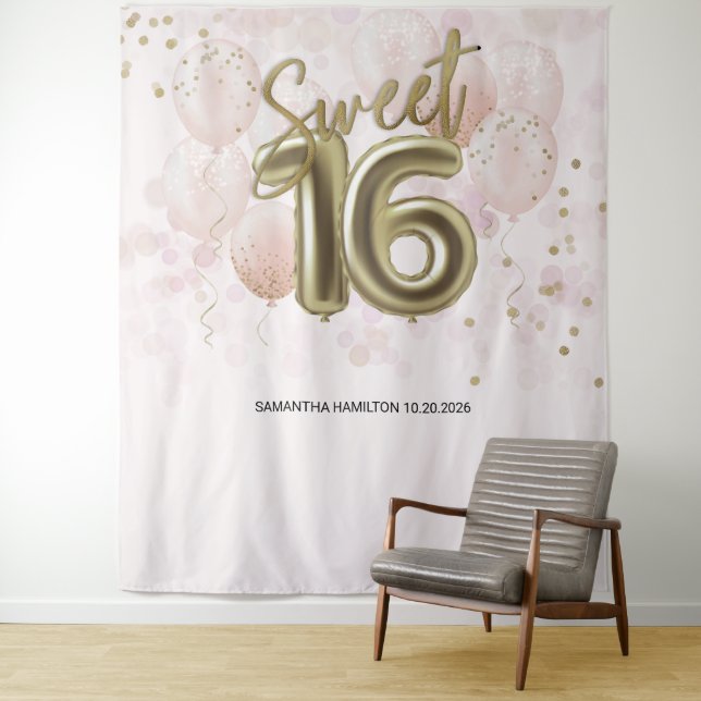 Tenture Gold Sweet 16 Anniversaires Balloons Party Pink fo (En situation)