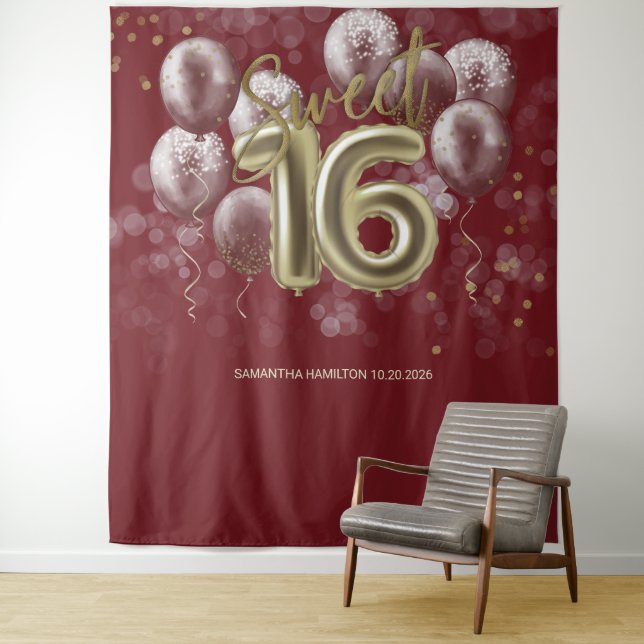 Tenture Gold Sweet 16 Ballons Anniversaires Bourgogne fond (En situation)