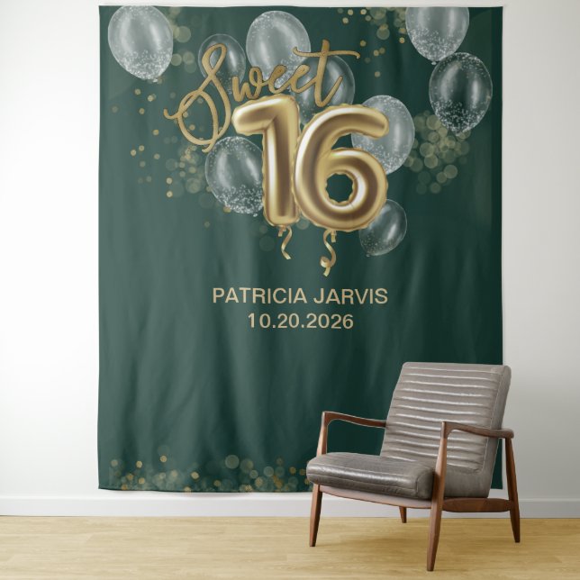 Tenture Gold Sweet 16 Ballons Emerald Green Backdrops (En situation)