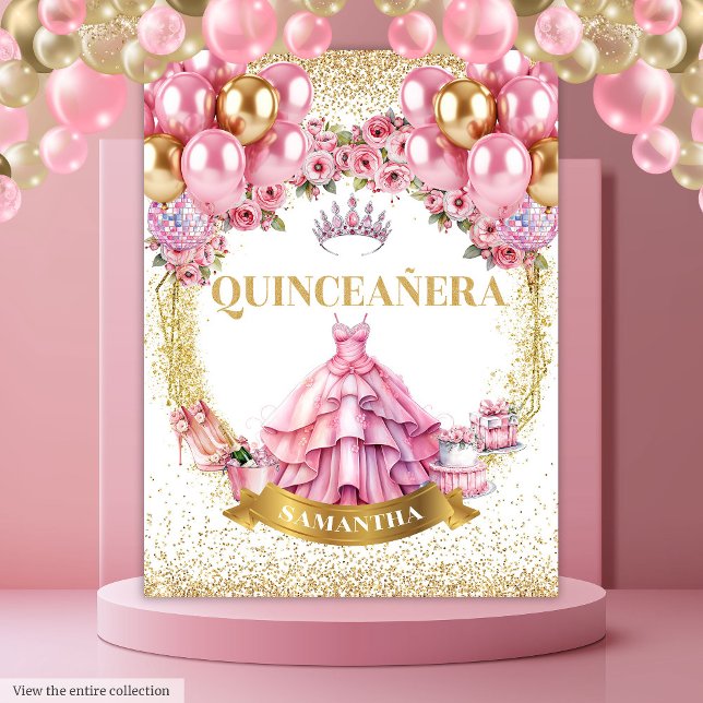 Tenture Gold Tiara Quinceañera Contexte Célébration rose (Gold Tiara Quinceañera Backdrop Pink Celebration

)