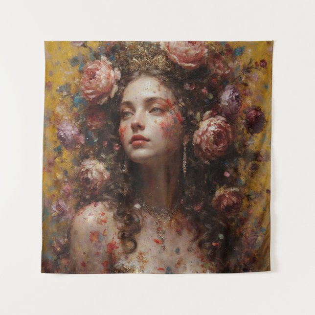 Tenture Golden Bloom Goddess – Square Art Tapestry (Devant)