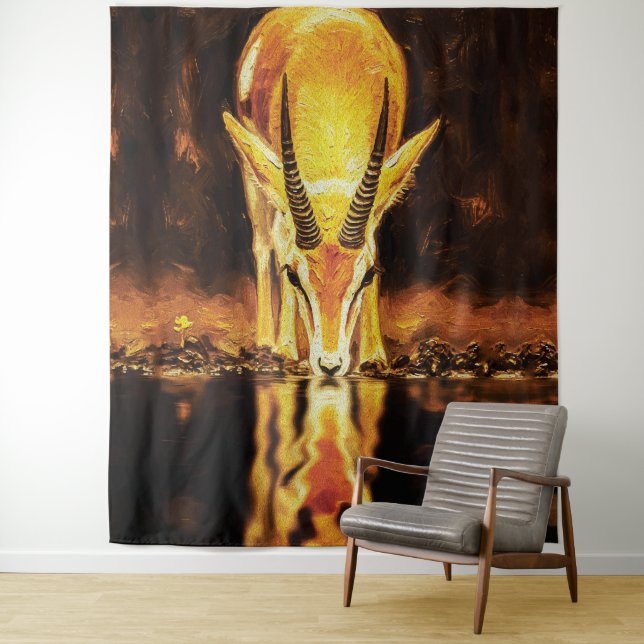 Tenture Golden Gazelle Drinking Water – Textured Oil Paint (En situation)