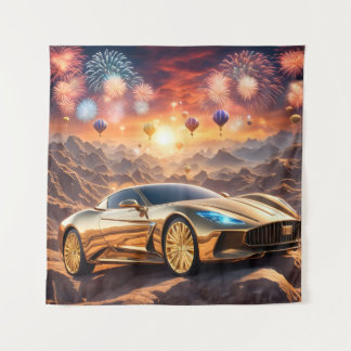 Tenture golden luxury car in a desert landscape