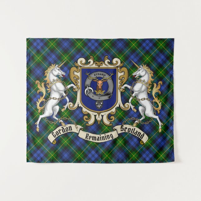 Tenture Gordon Clan Badge & Unicorns avec Tartan (Devant (Horizontal))
