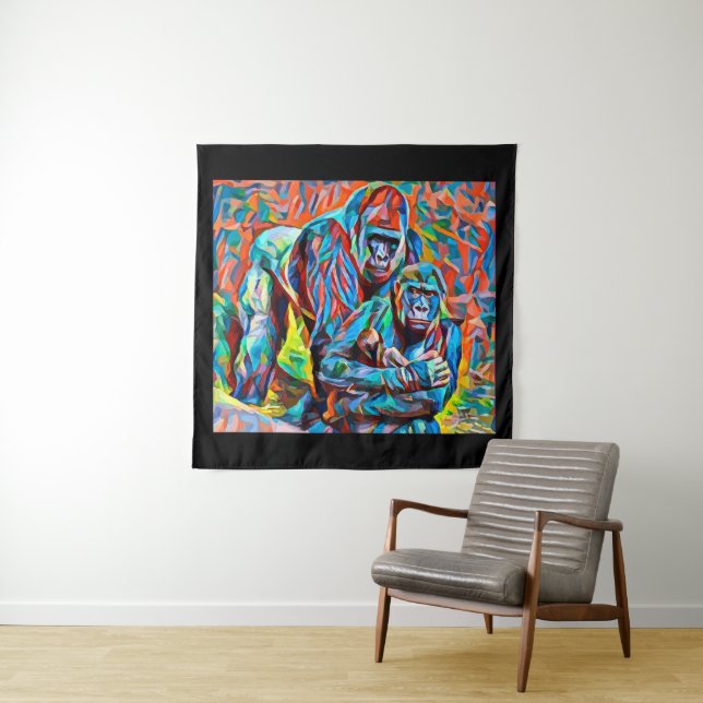 Tenture Gorilla Ape Famille Animaux Abstraits Faune Art  (En situation)