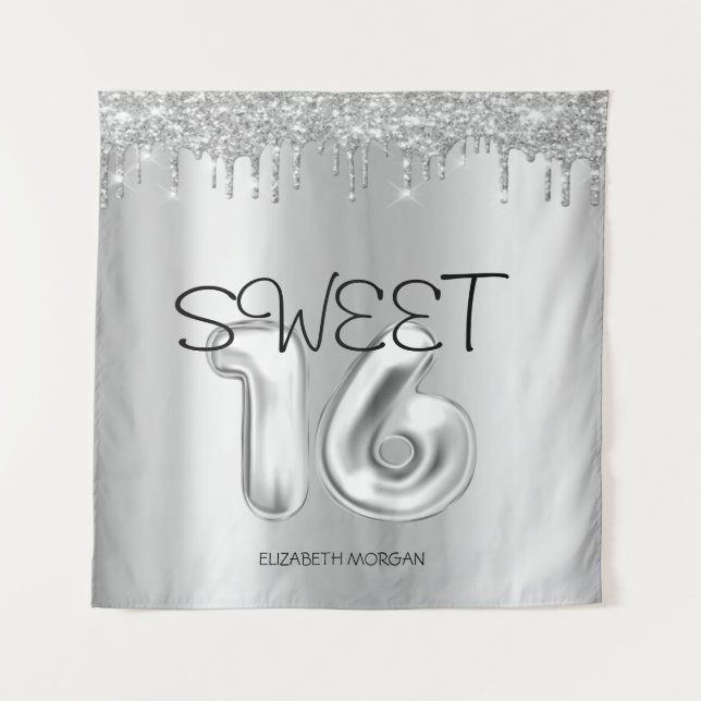 Tenture Gouttes élégantes argentées Sweet 16 (Devant)