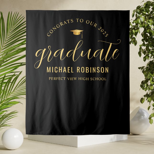 Tenture Graduate Gold Black Graduation Party 2025 (Créateur téléchargé)