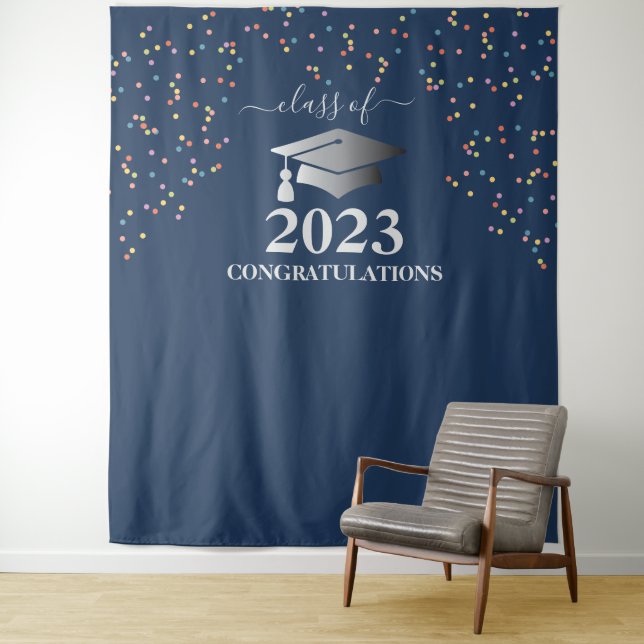 Tenture Graduation 2023 Royal Blue Confetti Argent (En situation)
