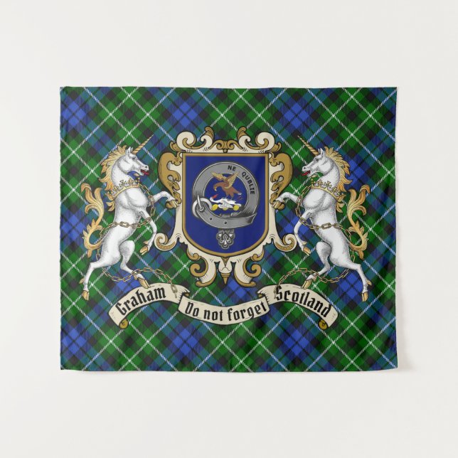 Tenture Graham Clan Badge & Unicorns avec Tartan (Devant (Horizontal))