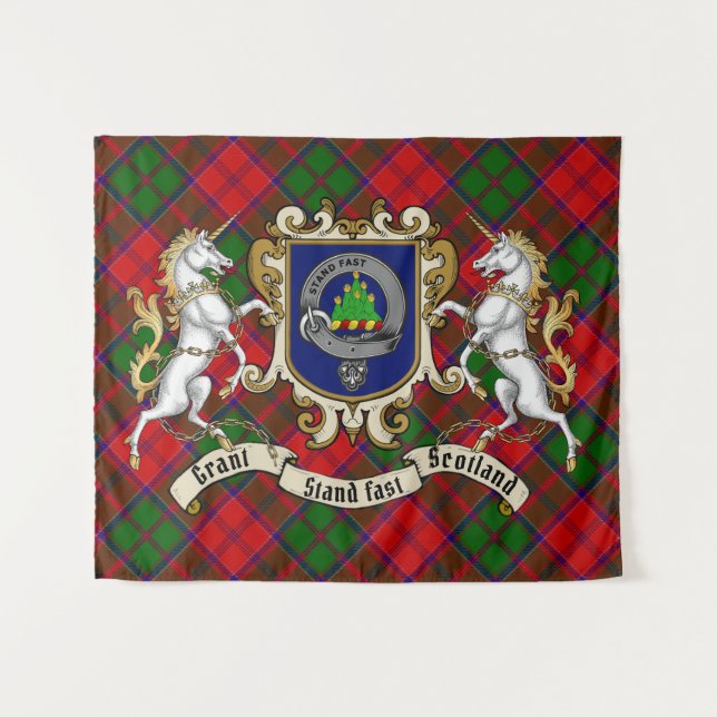 Tenture Grant Clan Badge & Unicorns avec Tartan (Devant (Horizontal))