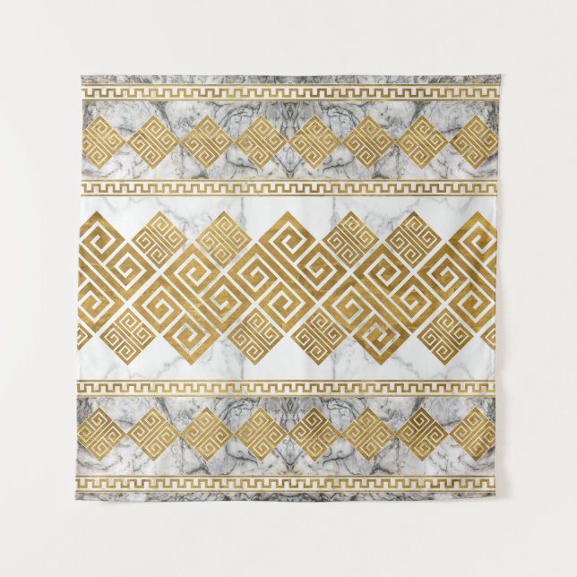 Tenture Greek Meander - Greek Key White Marble and Gold (Devant)