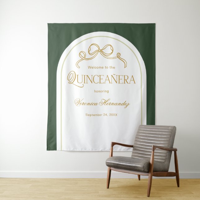 Tenture Green Gold Bow Elegant Quinceanera Fond photo (En situation)