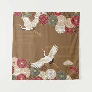 Tenture Grues et chrysanthèmes japonais traditionnel pat