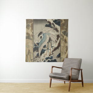 Tenture Grues sur un pin couvert de neige Hokusai
