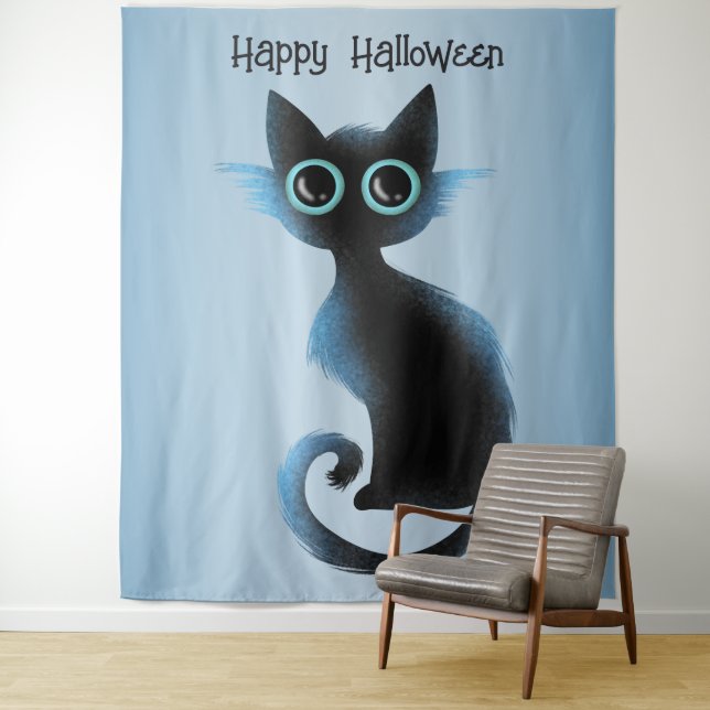 Tenture Halloween Big Eyes Black Blue Evil Chat (En situation)