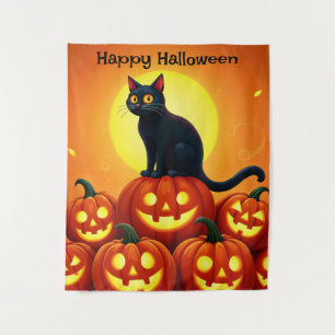 Tenture Halloween chat noir mignon et lanternes Jack